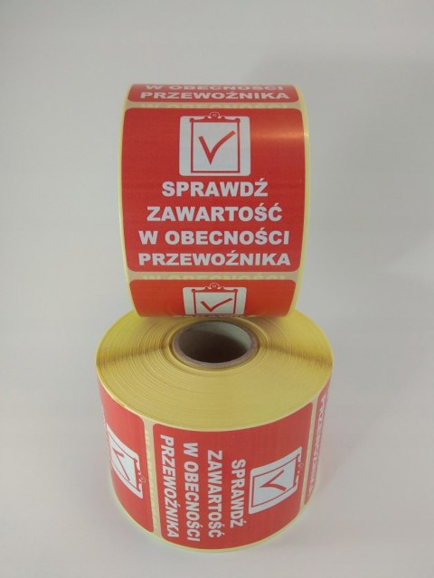 SPRAWDŹ ZAWARTOŚĆ W OBECNOŚCI PRZEWOŹNIKA etykieta samoprzylepna naklejka 1000szt. SPRAWDŹ ZAWARTOŚĆ W OBECNOŚCI PRZEWOŹNIKA etykieta samoprzylepna naklejka 1000szt.